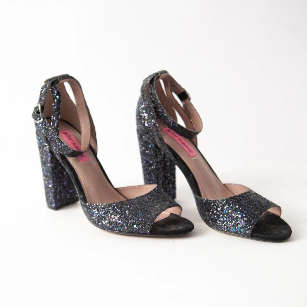Betsey Johnson Glissten Rainbow Glitter Embellished Block Heel Sandals 6